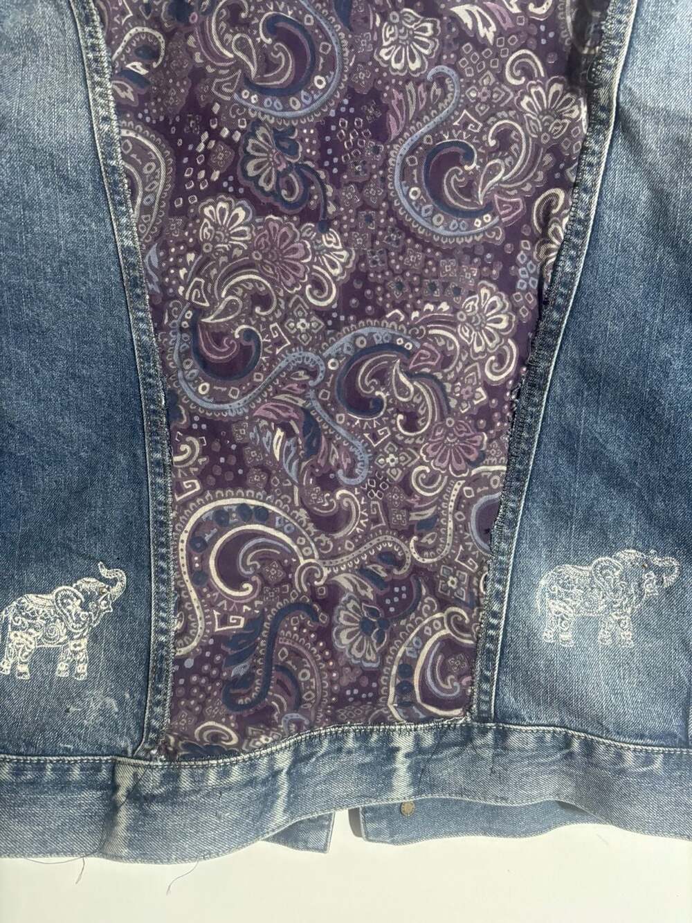 Express Reworked Denim Jacket with Paisley Back Panel and Elephant Embroidery
